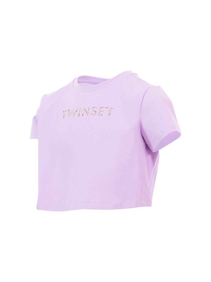 T-Shirt Twinset viola con logo lettering con strass 251GJ2484 11862 Twinset 