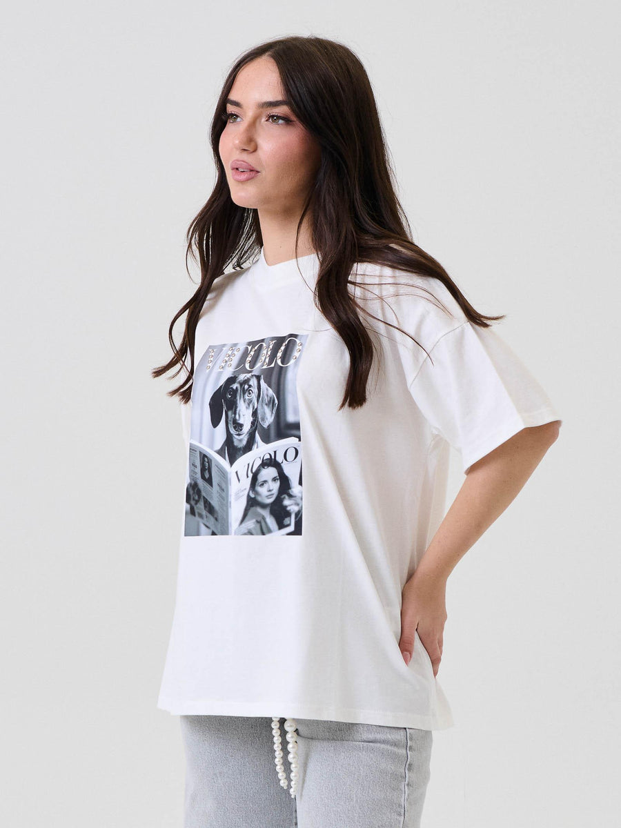 T-Shirt Vicolo bianca con stampa logo con cane e perline dorate RF0246 BIA Vicolo 