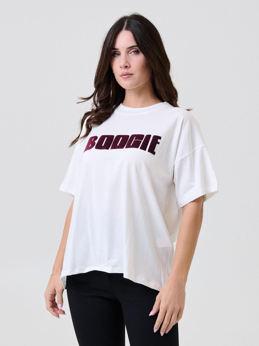 T-Shirt over Vicolo bianca con stampa "boogie" in velluto RF0357 BIANCO Vicolo 
