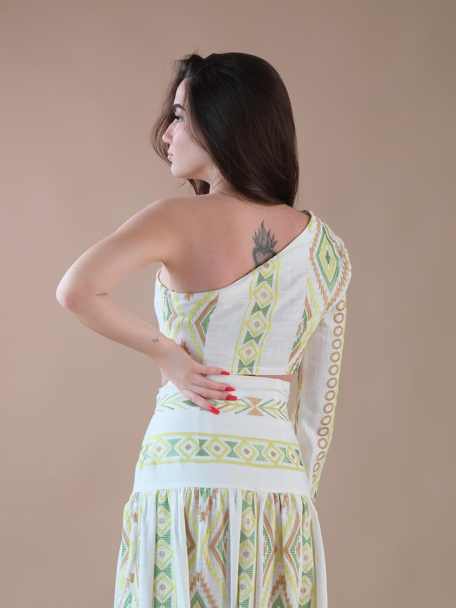 Top monospalla bianco a fantasia etnica CA84B UNI Bohemian V 