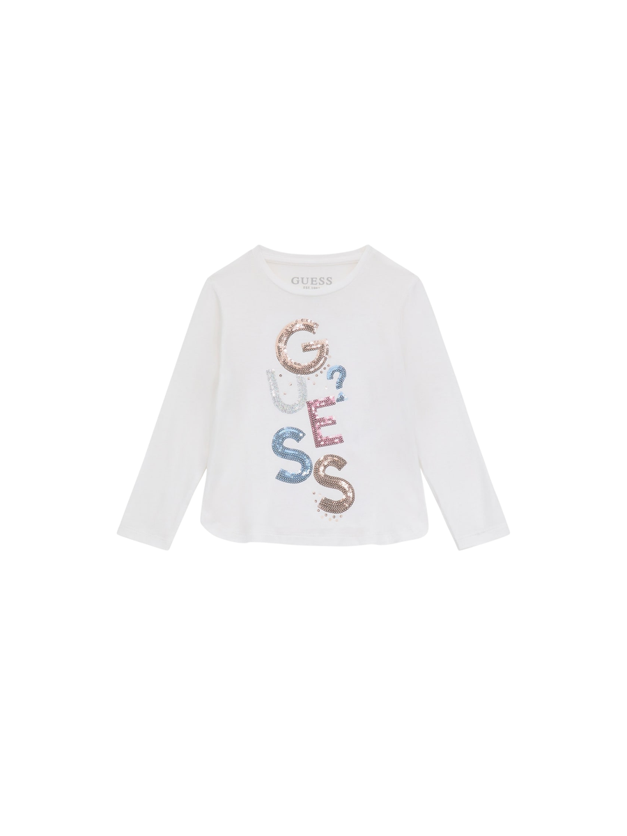 T-Shirt a maniche lunghe Guess bianca con scritta glitter multicolor K5YI26KAPO0 G011 Guess 