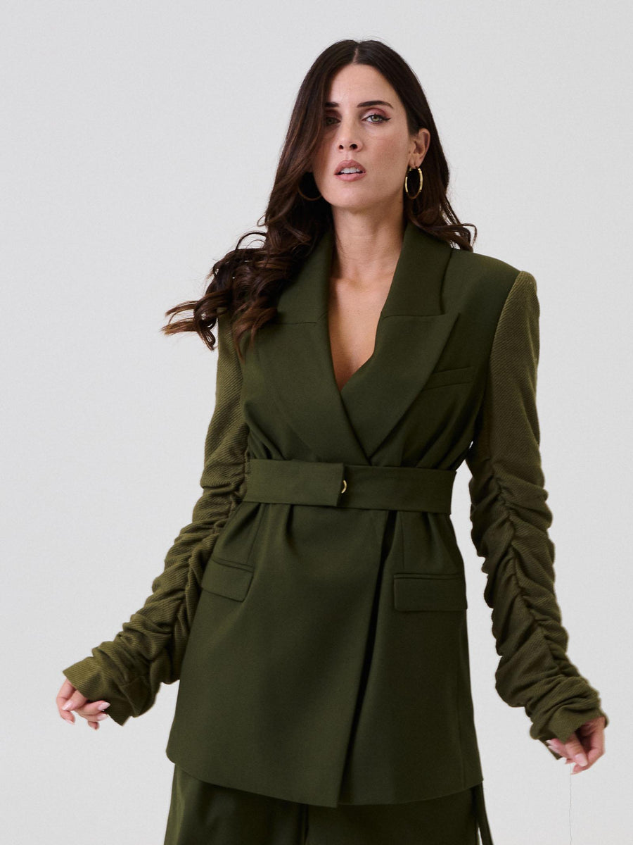 Blazer Bohemian Vì verde militare con maniche in maglia con arricciature SDBO5016 MILITARY Bohemian V 
