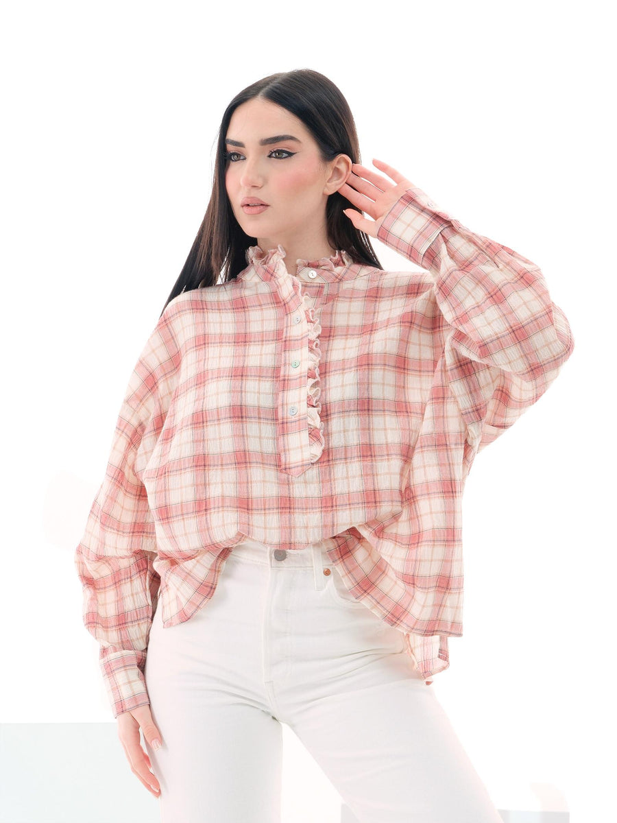 Camicia Vicolo rosa a quadri con dettagli rouches TD0532 BIA/ROSA Vicolo 