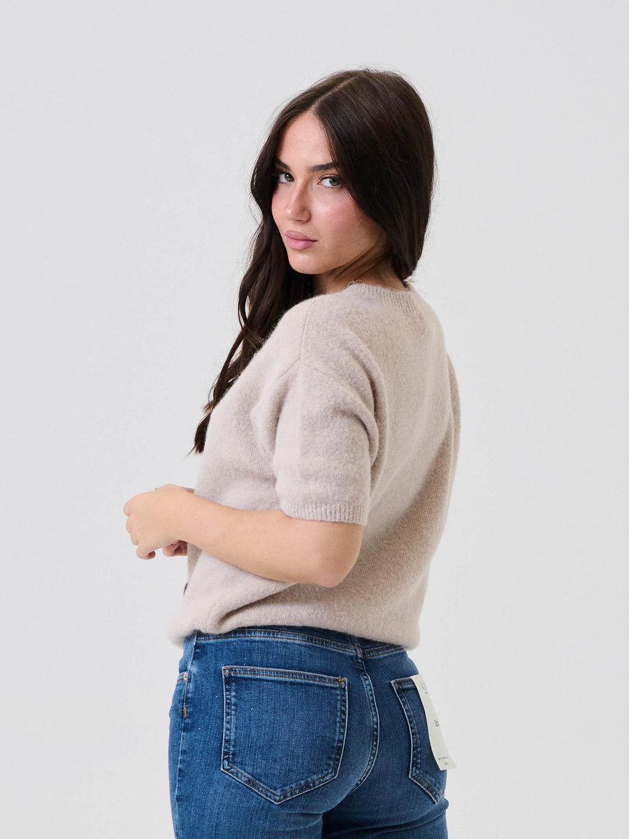 Maglia a mezze maniche Pho Firenze in lana beige con fiori viola in 3D 4324014 NUDE/BERRY PHO FIRENZE 