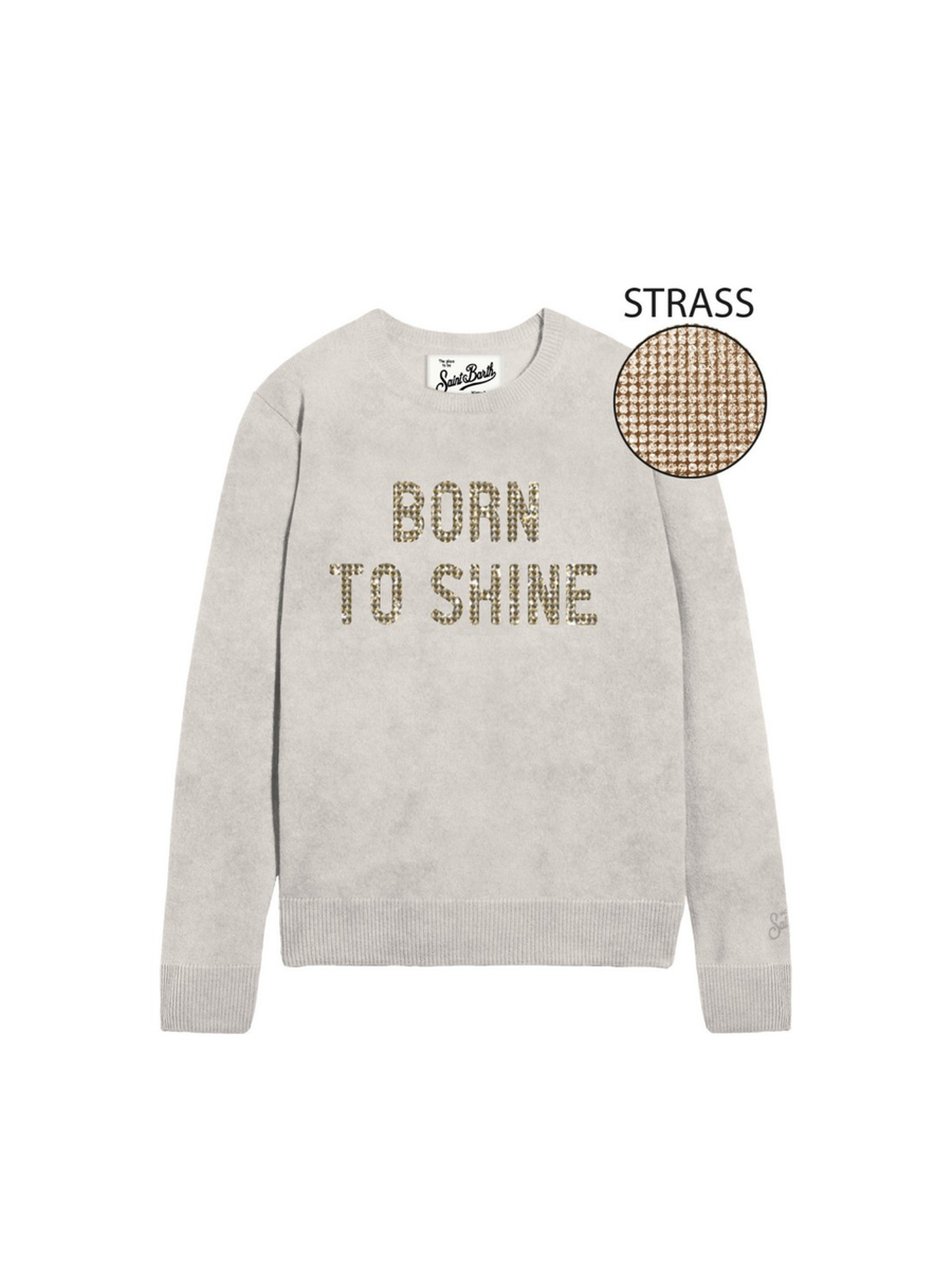 Maglione "10" Saint Barth bianco con scritta "Born to shine" in strass QUE0033 04028I MC2 SAINT BARTH 