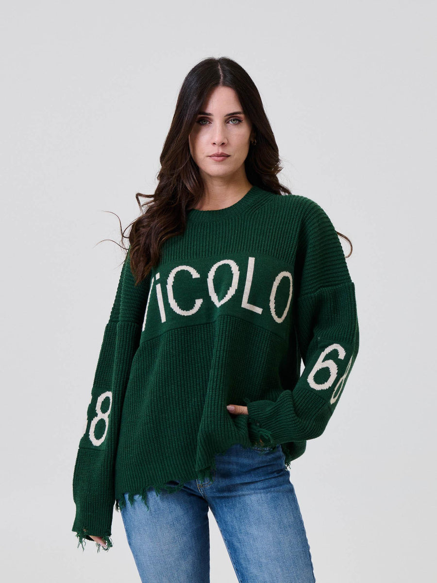 Maglione Vicolo verde con ricamo logo e bordi sfrangiati 77117F VERDE Vicolo 