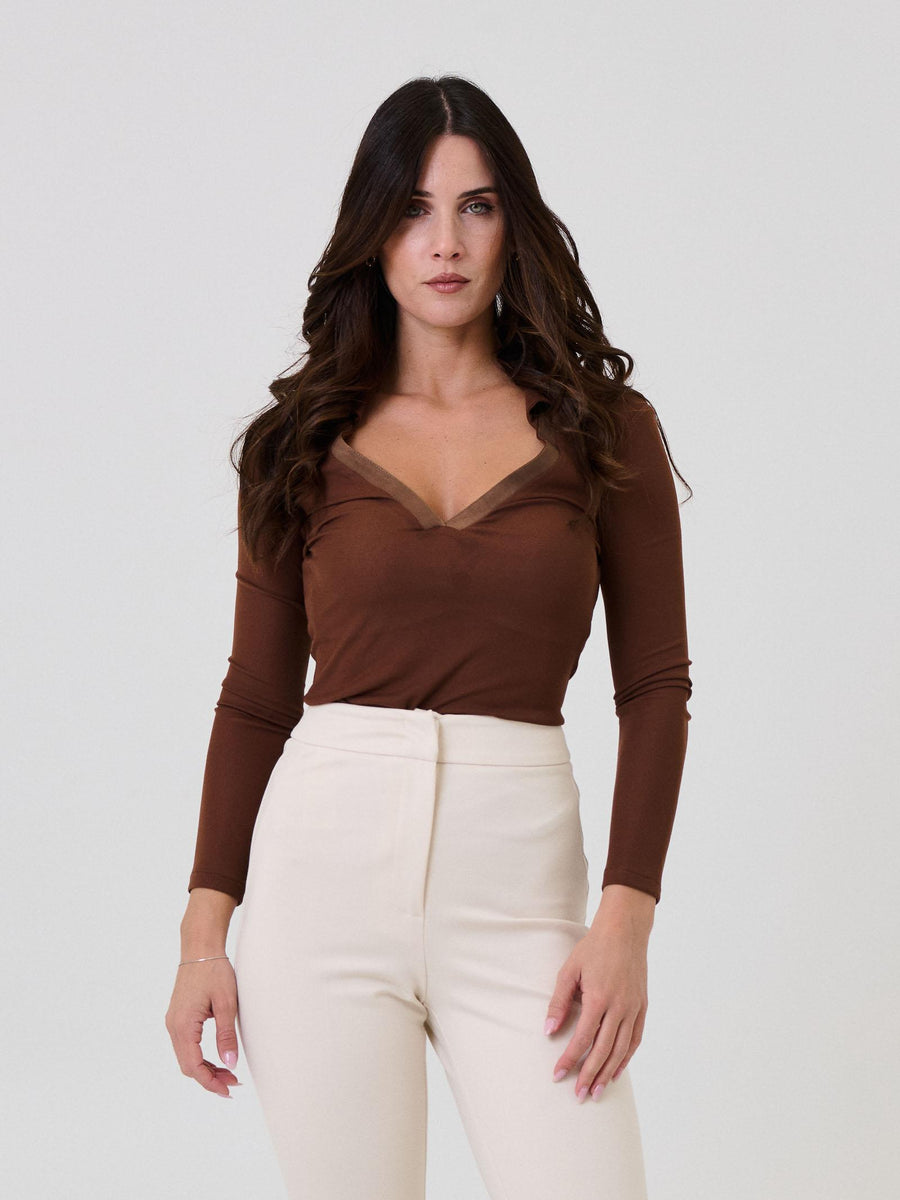 Maglia trasparente Silence Limited marrone con scollo a V  profondo CA7014 BROWN Silence Limited 