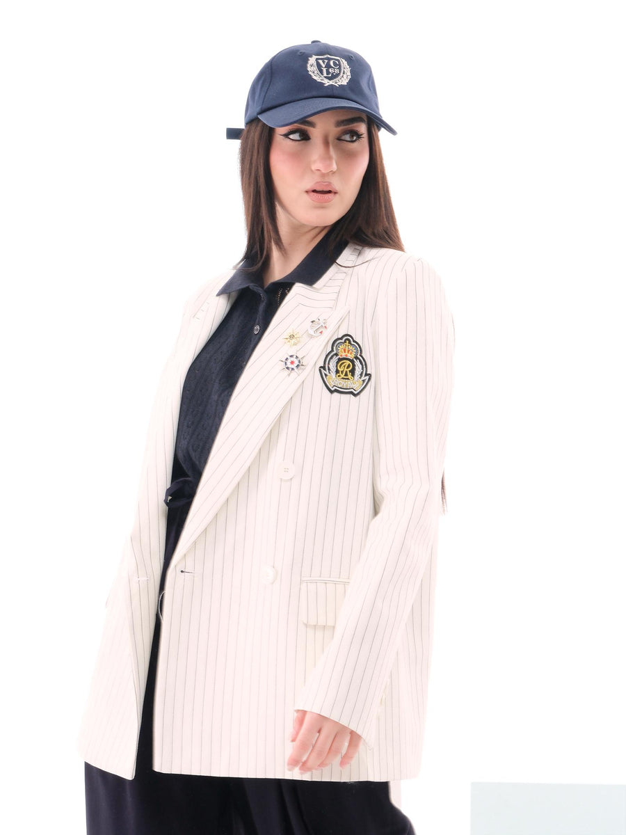 Blazer a righe Vicolo bianco con spille stile marinaro RD0503 BIA Vicolo 