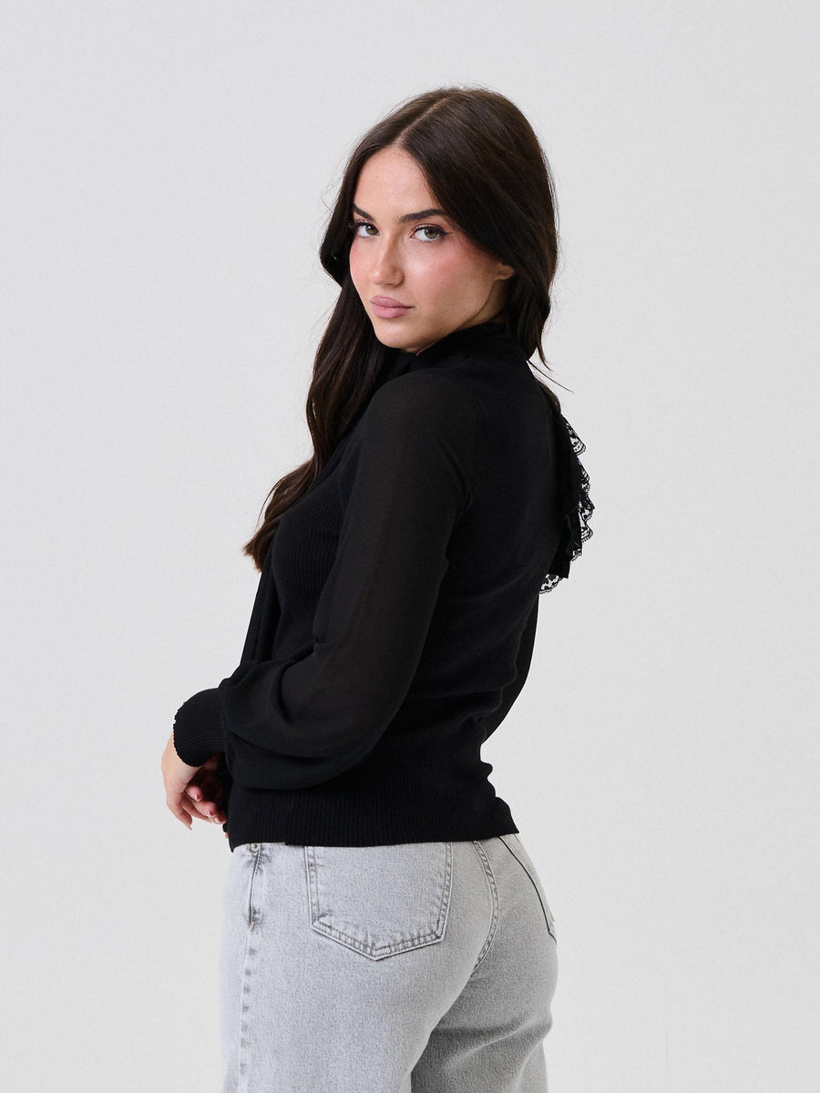 Maglia a costine Haveone nera con volant su spalla e foulard sul collo MMOP087 NERO Haveone 