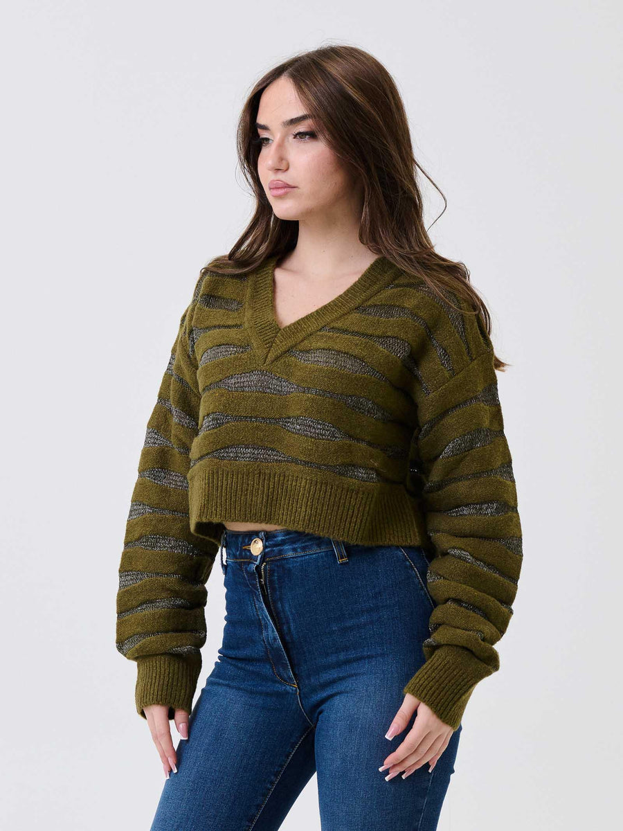 Maglione cropped Silence Limited verde militare a righe con inserti lurex IBD188 MILITARY Silence Limited 
