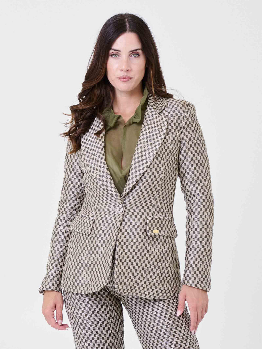 Giacca monopetto Pho Firenze rosa e verde con scacchi e filo lurex 4324069 LUXURY PHO FIRENZE 