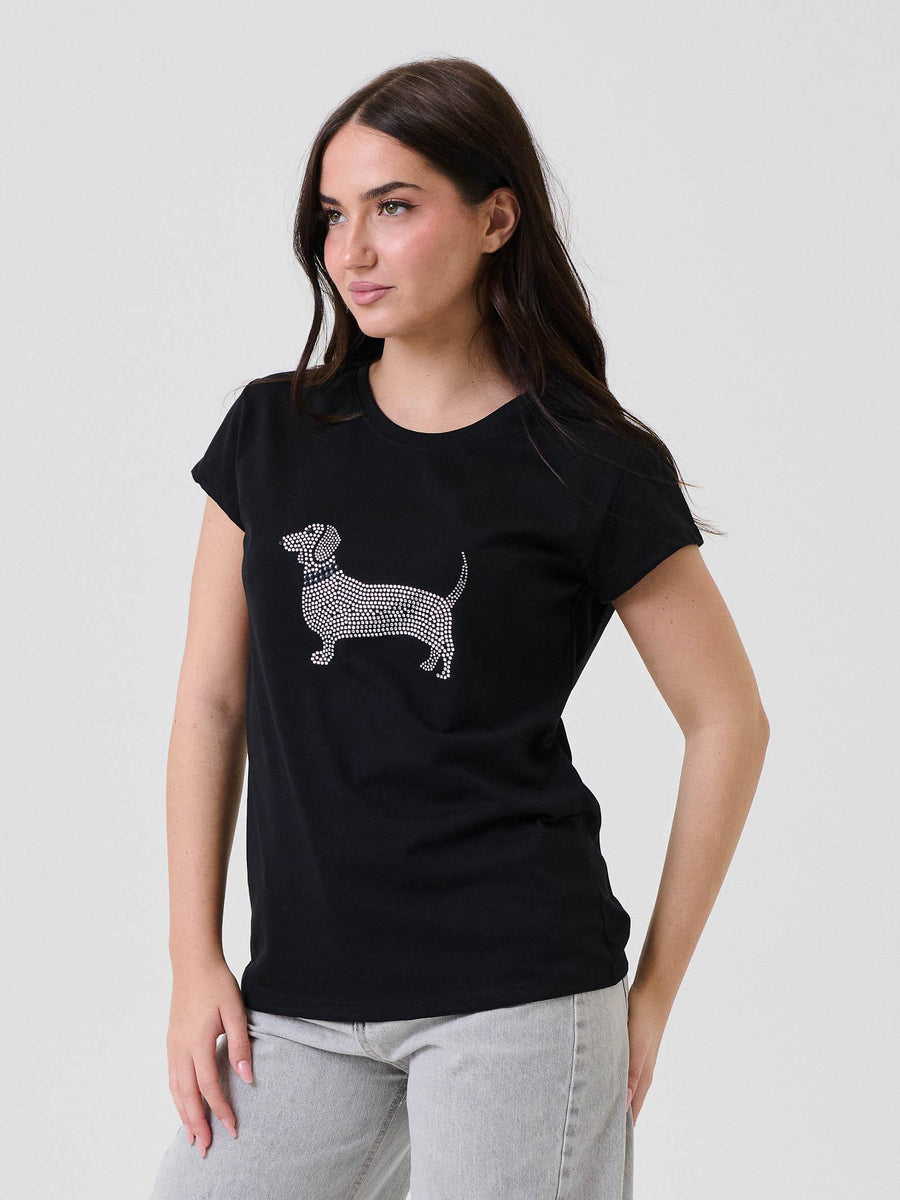 T-Shirt Vicolo nera con bassotto in strass RF0109 NE Vicolo 