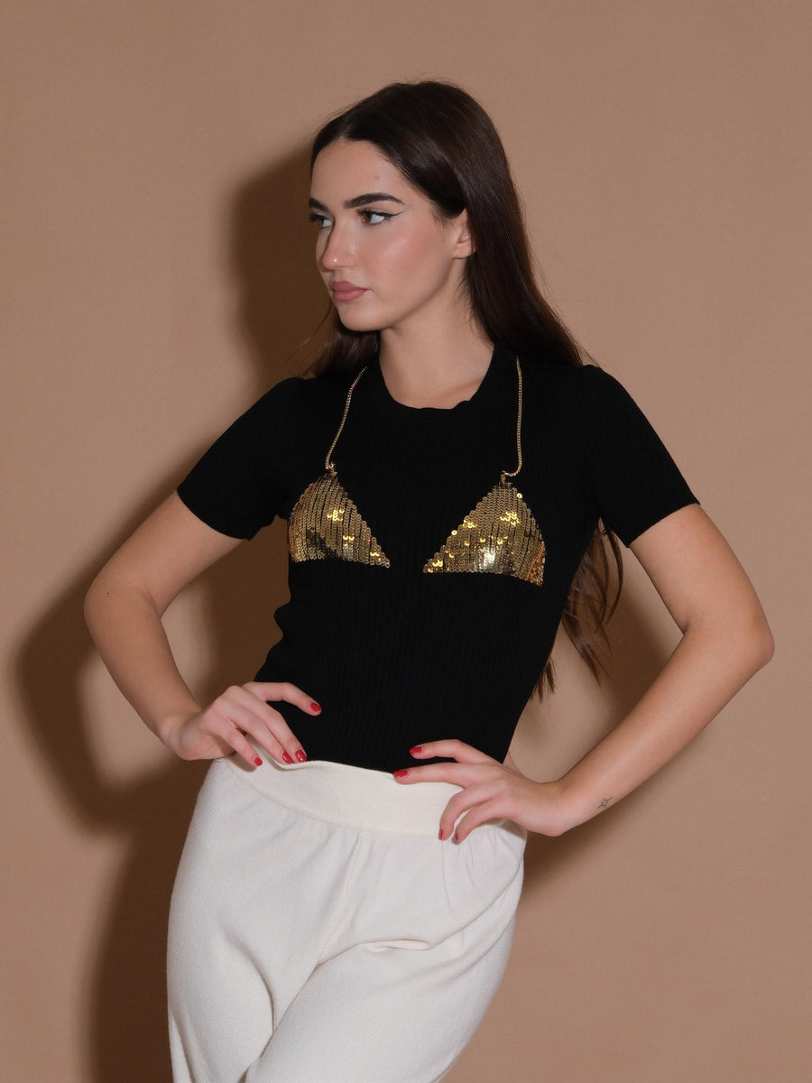 T-shirt a costine con triangoli in pailettes 22237R NERO/ORO Vicolo 