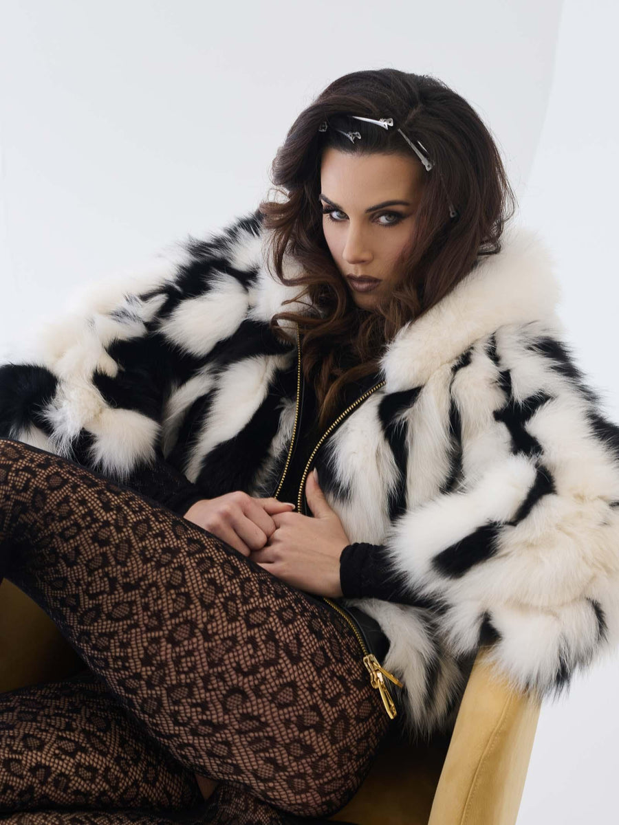 Pelliccia volpe Yes London bianca e nera con inserti in pelle LC2012 BIA/NERO Yes london 