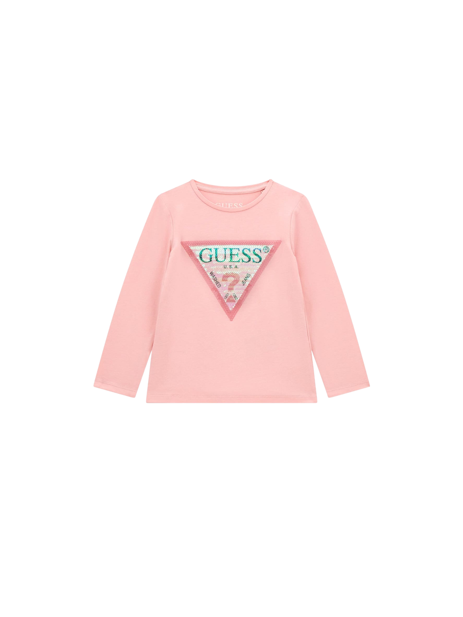 T-Shirt a maniche lunghe Guess rosa con logo glitterato K4RI30K6YW1 G6V9 Guess 