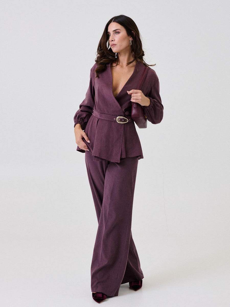 Blusa incrociata Bohemian Vì viola con bottone laterale e cintura GI287 WINE Bohemian V 