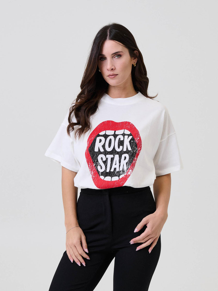 T-Shirt over Vicolo bianca con stampa bocca e scritta "Rock Star" RF0378 UNI Vicolo 