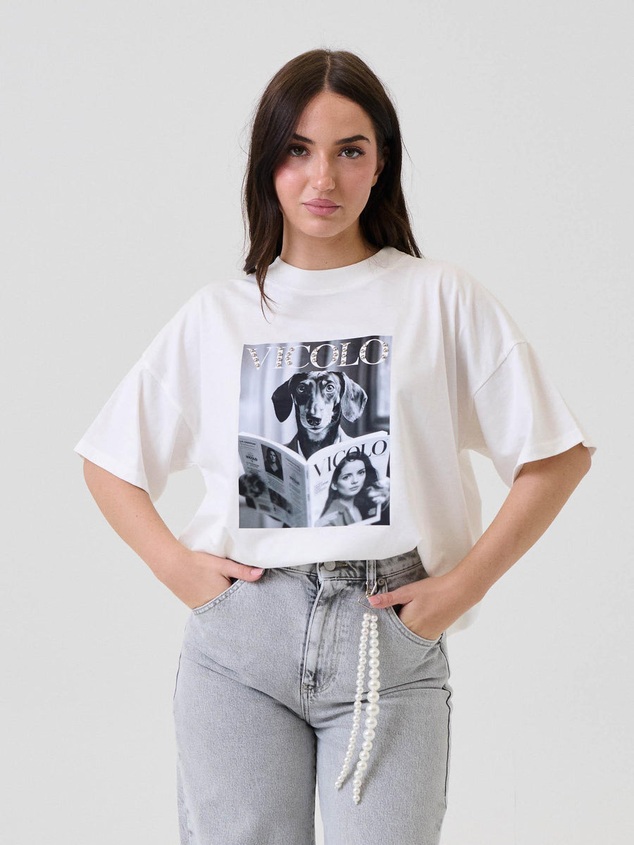 T-Shirt Vicolo bianca con stampa logo con cane e perline dorate RF0246 BIA Vicolo 