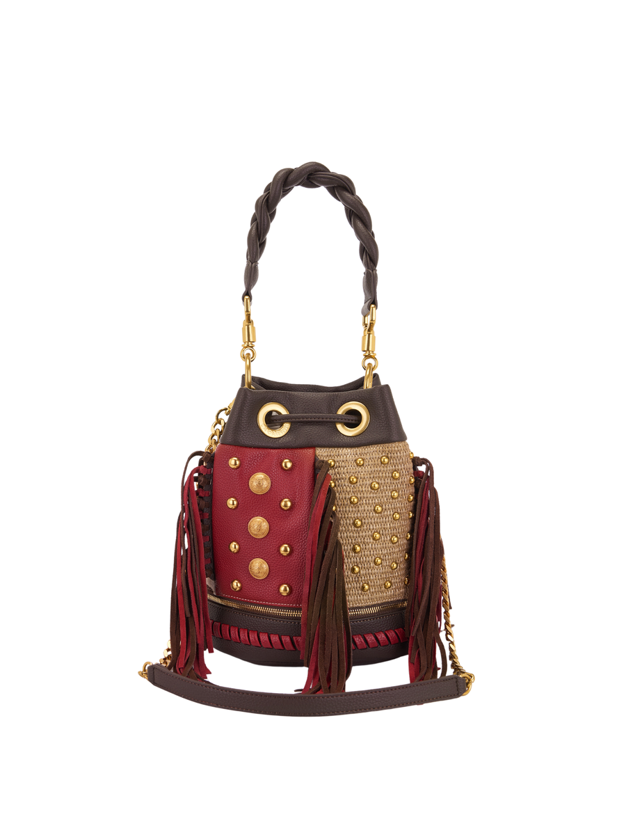 Borsa a secchiello La Carrie Bag marrone intrecciata con borchie 151MEM118SHR MUBR La Carrie Bag 