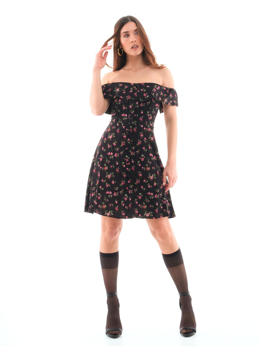 Abito Mar De Margaritas nero floreale con bottoni frontali e maniche a volant MMABW01154 NE76 Mar De Margaritas 