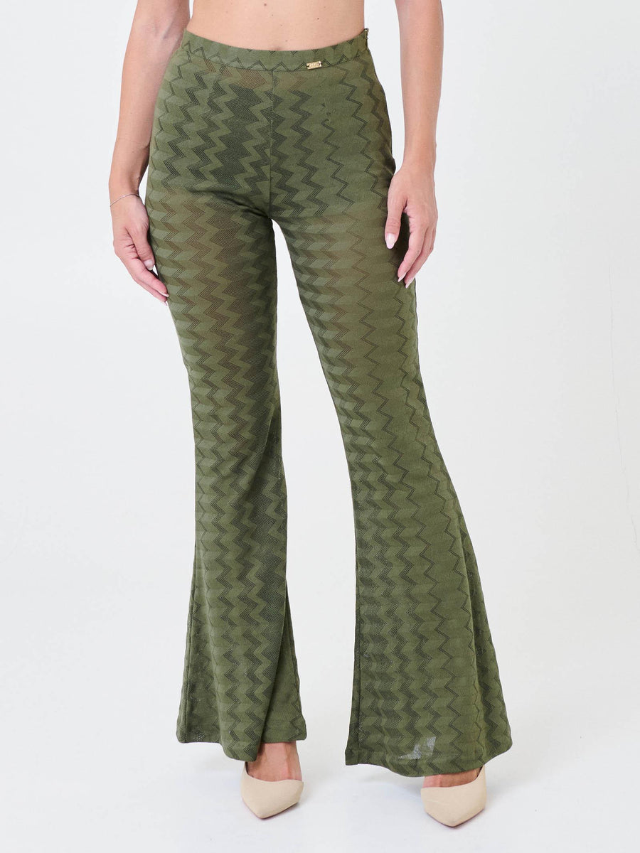 Pantalone a zampa Pho Firenze verde militare con motivo a zig zag 5424015 MILITARY PHO FIRENZE 