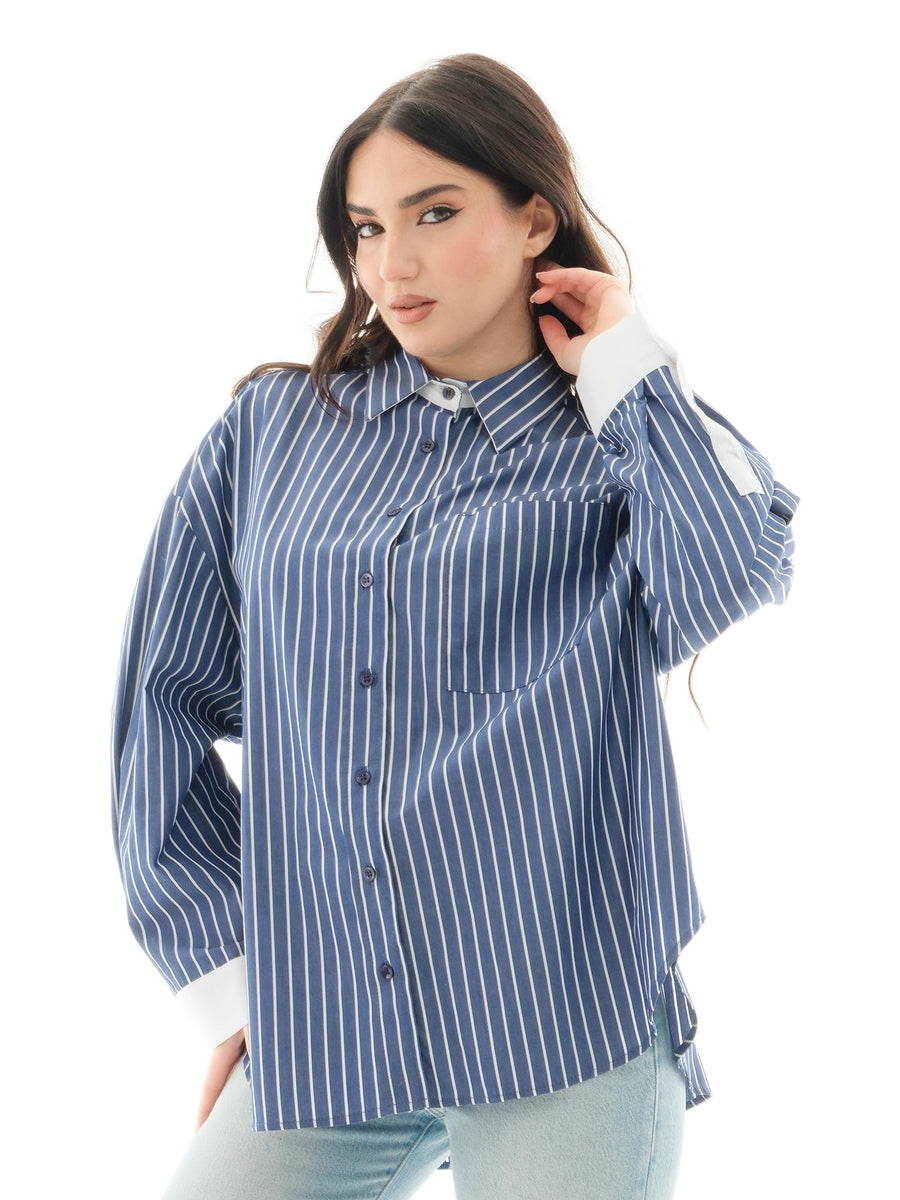 Camicia oversize a righe Vicolo blu con polsini bianchi TD1158 BLU/BIA Vicolo 