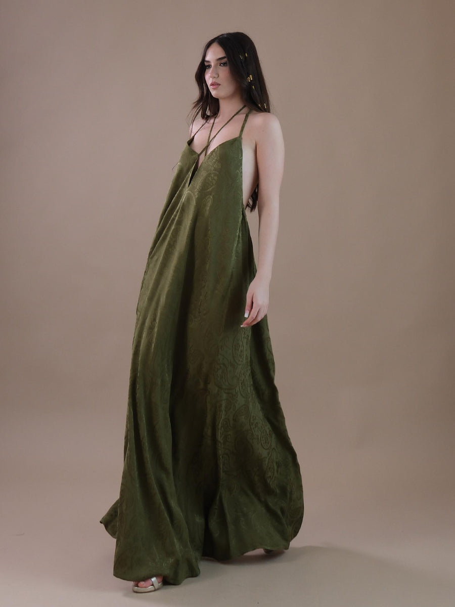 Abito lungo fantasia damascata verde militare AB65 MILITARE Bohemian V 