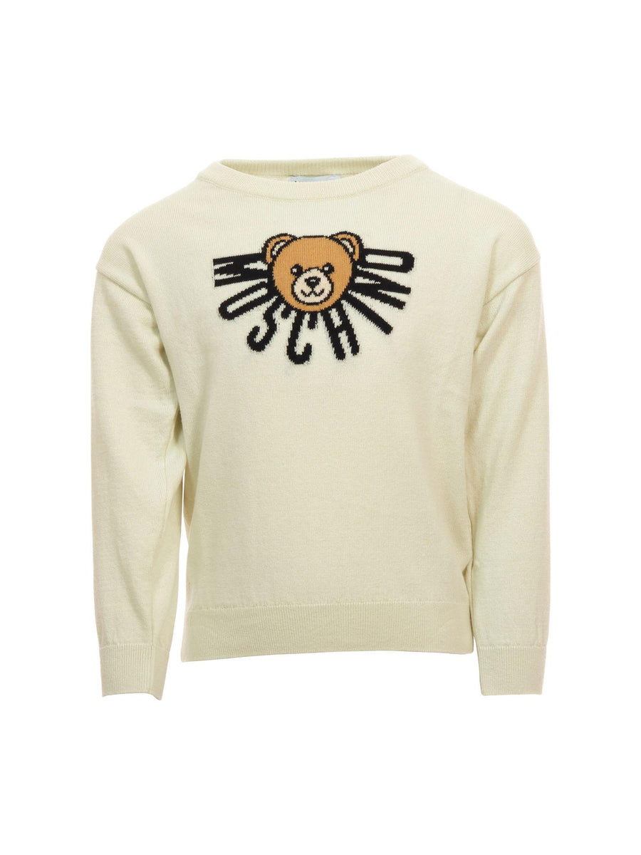 Maglione Moschino bianco panna con ricamo teddy e logo attorno HUW01A 10063 Moschino 