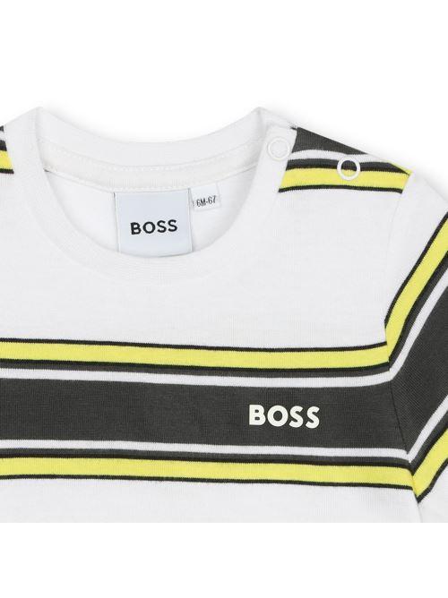 T-shirt bianca righe in contrasto giallo/nero J50605 N05 Boss 