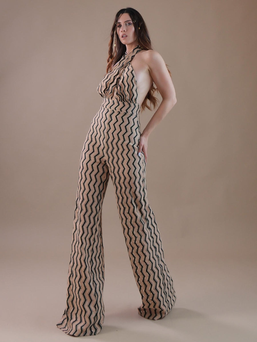 Jumpsuit beige con intreccio sul davanti TU53 NERO Bohemian V 