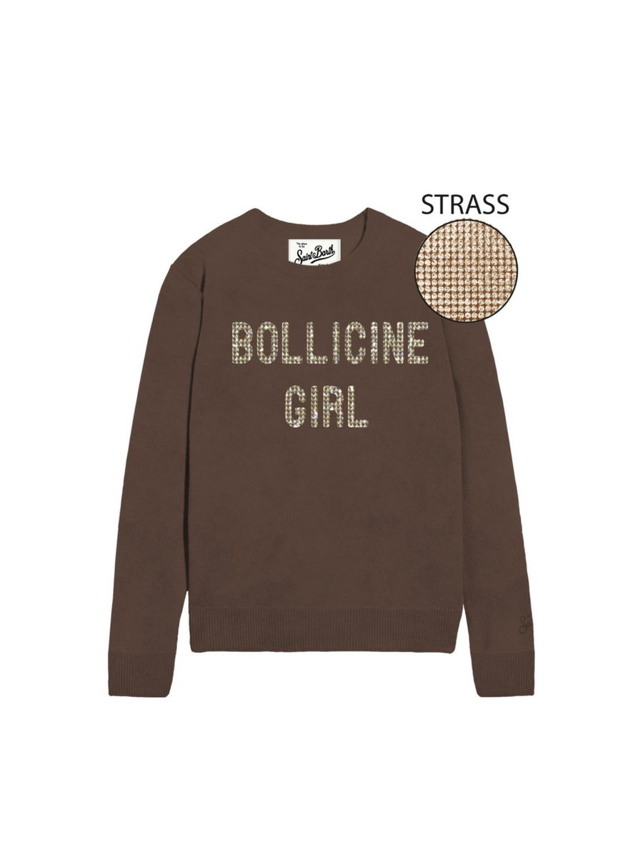 Maglione "10" Saint Barth marrone con scritta "Bollicine girl" in strass QUE0033 04027I MC2 SAINT BARTH 