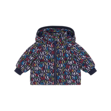 Giubbino con cappuccio Moschino blu con stampa logo multicolor all over MUS031 84804 Moschino 