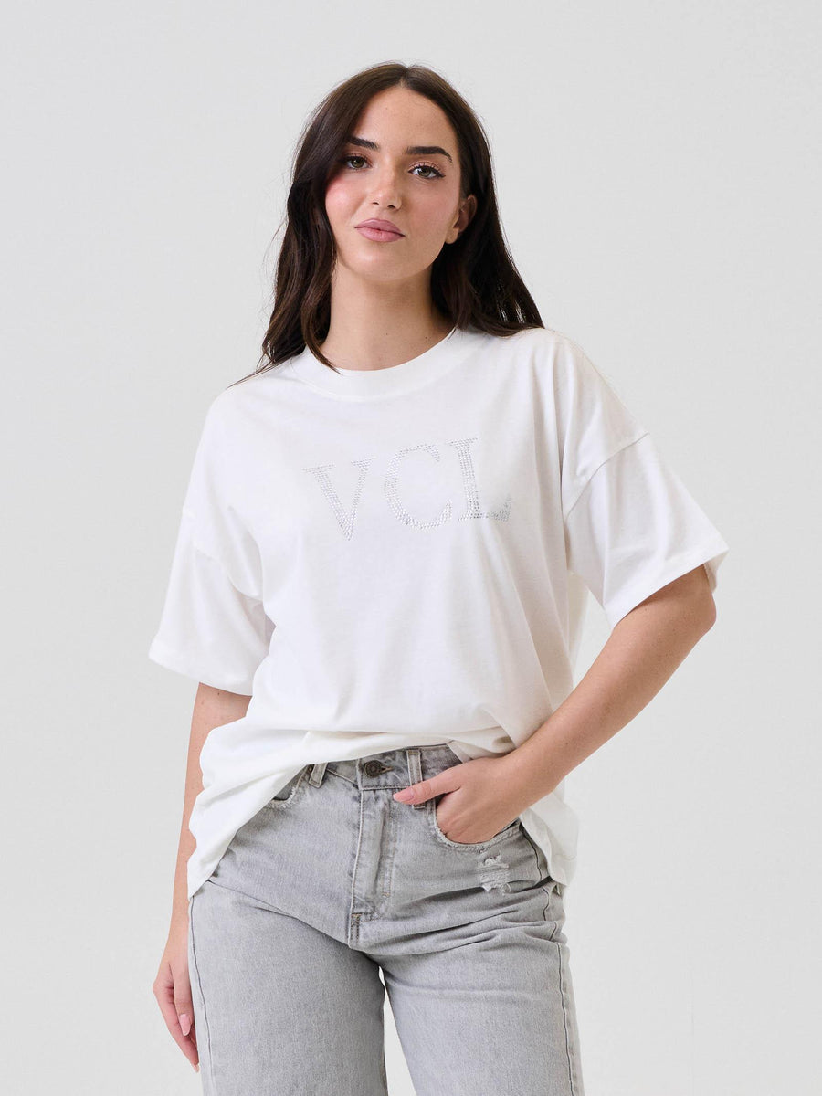 T-Shirt Vicolo bianca con logo "VCL" in strass RF0085 BIA Vicolo 