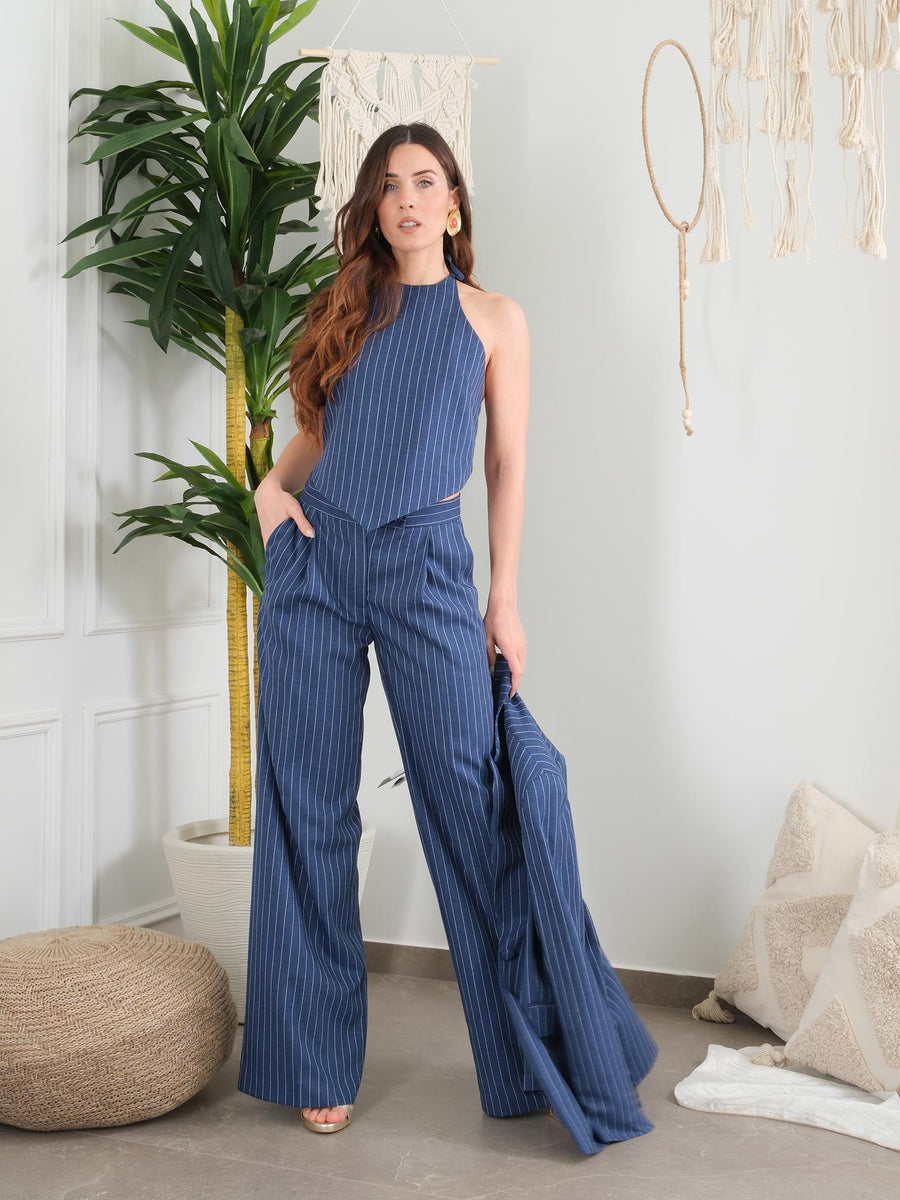 Pantalone a palazzo Bohemian Vì blu con pinces PA148 BLUE Bohemian V 