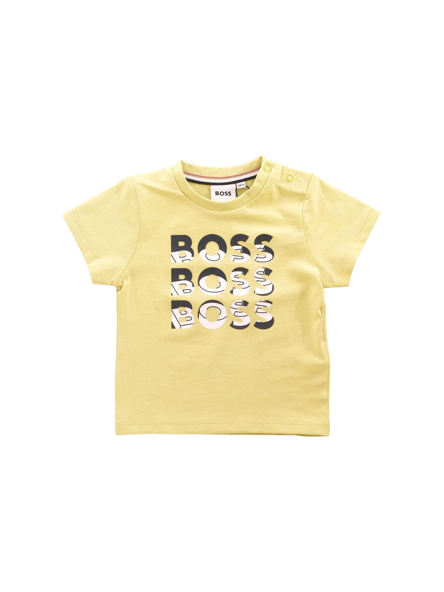 T-Shirt Boss verde con tre stampe di testo BOSS con dettagli grafici J52113 607 Boss 