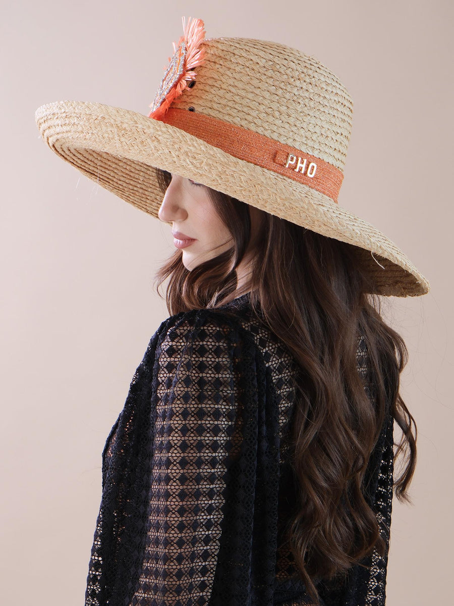 Cappello in paglia con fascia e applicazione arancioni 9019008 SALMONE PHO FIRENZE 