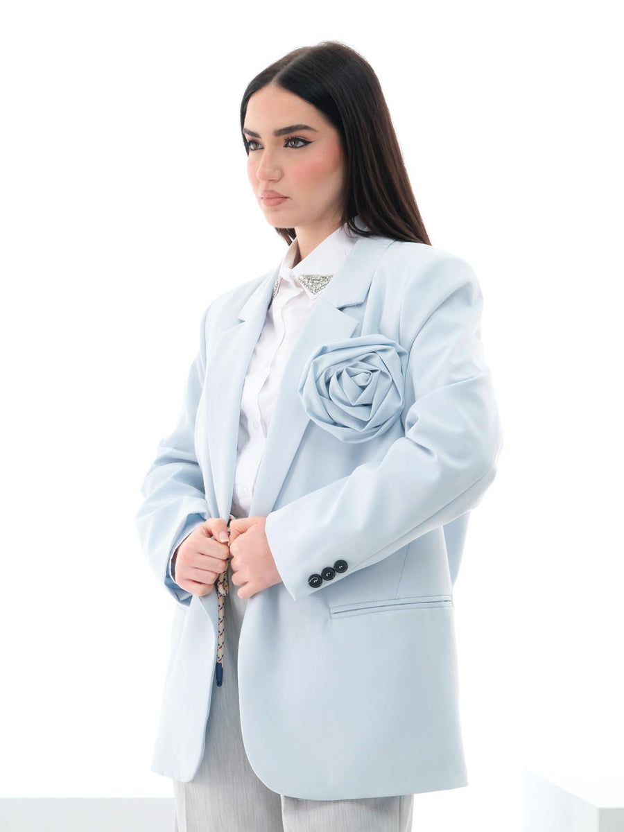 Blazer oversize Vicolo azzurro polvere con maxi spilla a forma di rosa TD0258 POLVERE Vicolo 