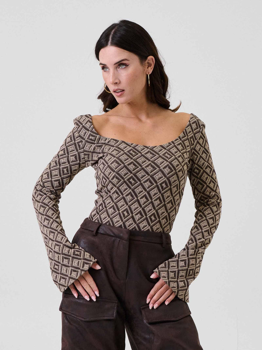 Body Bohemian Vì marrone con motivo geometrico all over BHBO001 UNI Bohemian V 