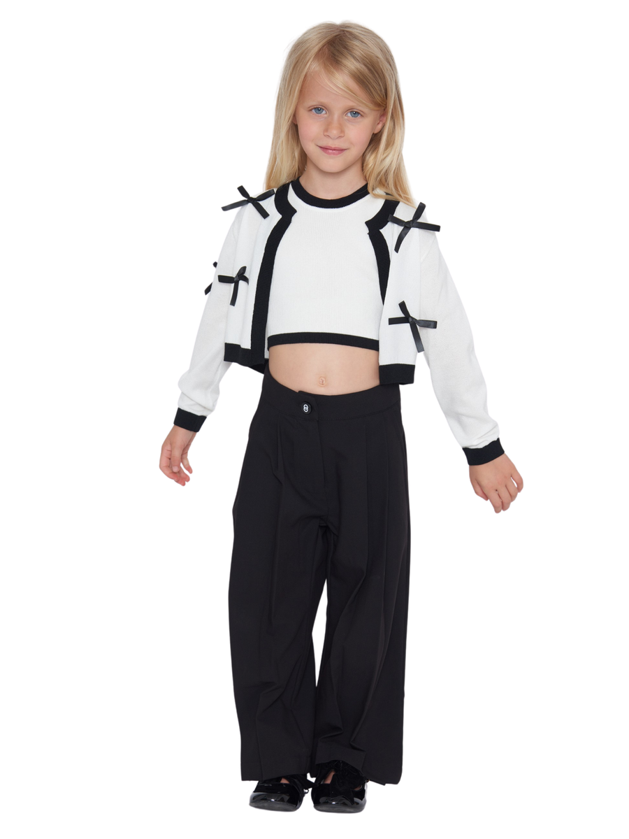 Cardigan in filo Tobetoo bianco con fiocchi e profili neri 317MTBS25 LATTE/NERO Tobetoo 