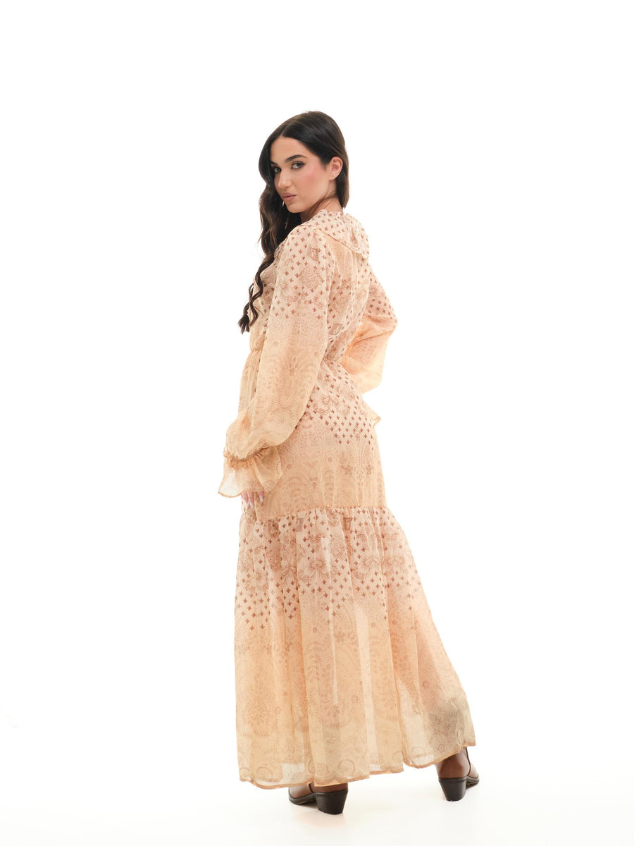 Abito lungo Vicolo beige paisley con rouches TD1783 BEI Vicolo 