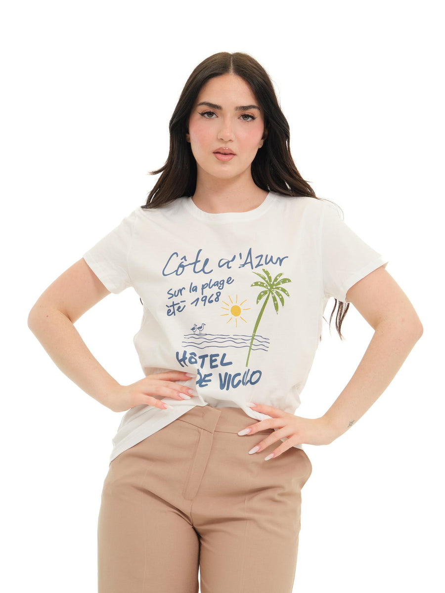 T-Shirt Vicolo bianca "cote d'Azur" con strass RD1053 BIA Vicolo 