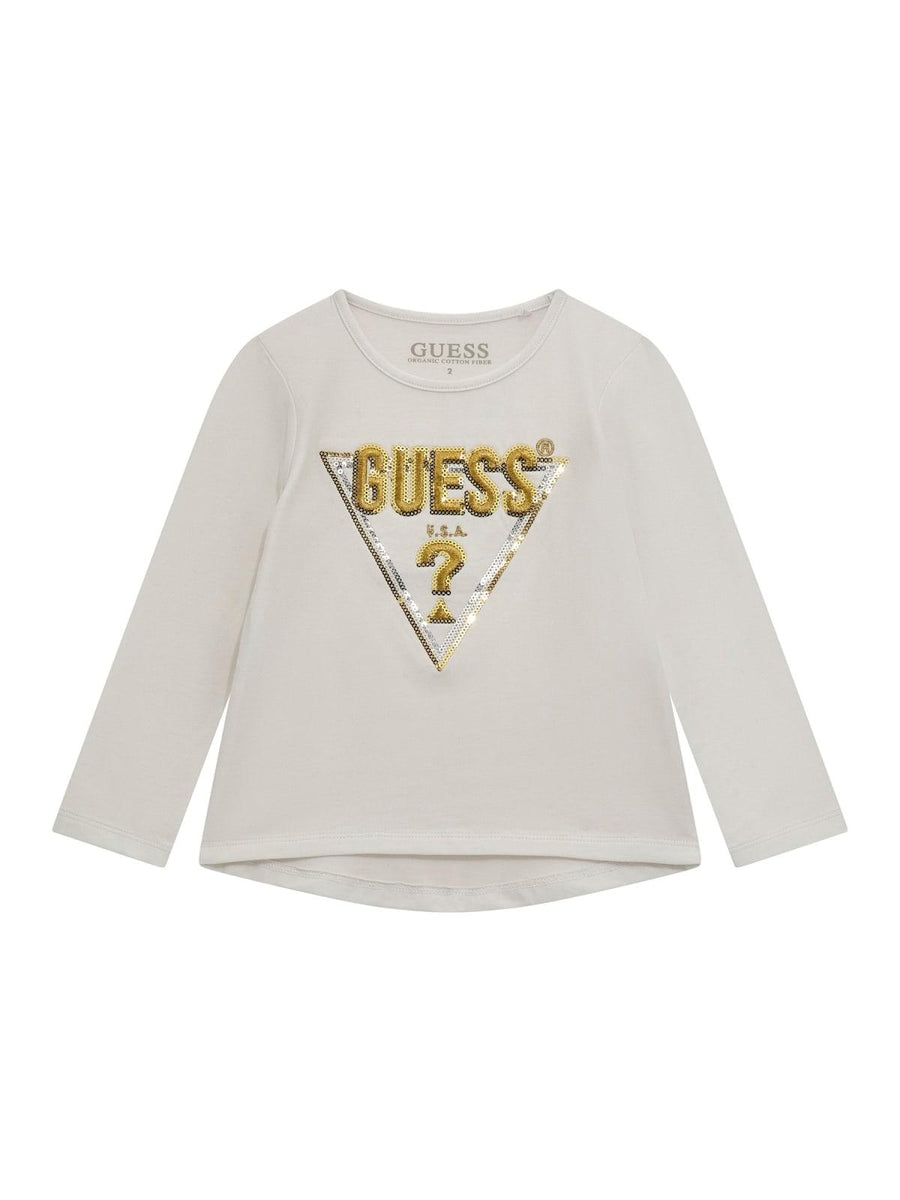 T-shirt Guess bianca manica lunga con logo oro frontale K4BI13J1314 G011 Guess 