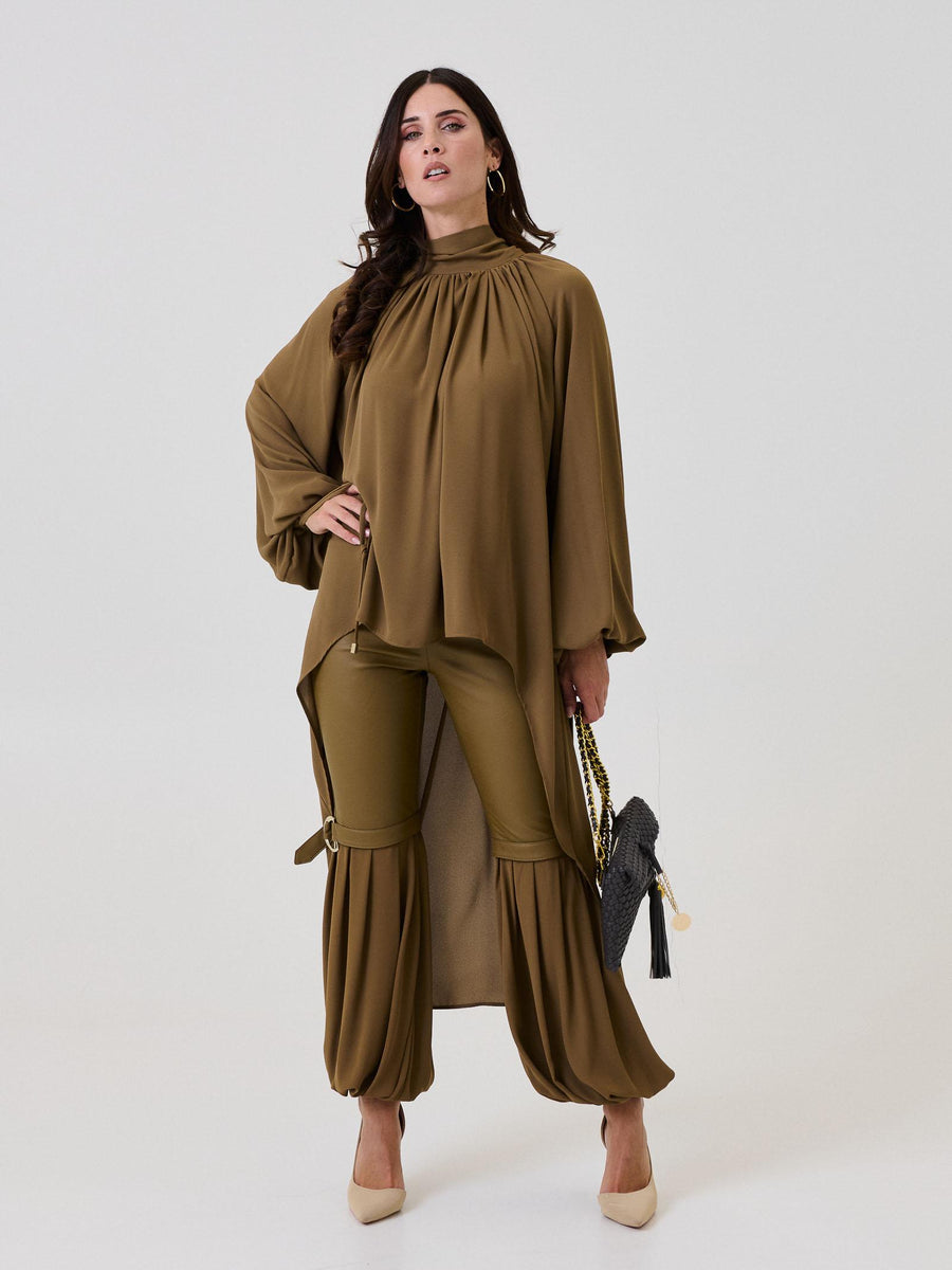 Camicia con drappeggio asimmetrico Bohemian Vì verde militare CA243 MILITARY Bohemian V 