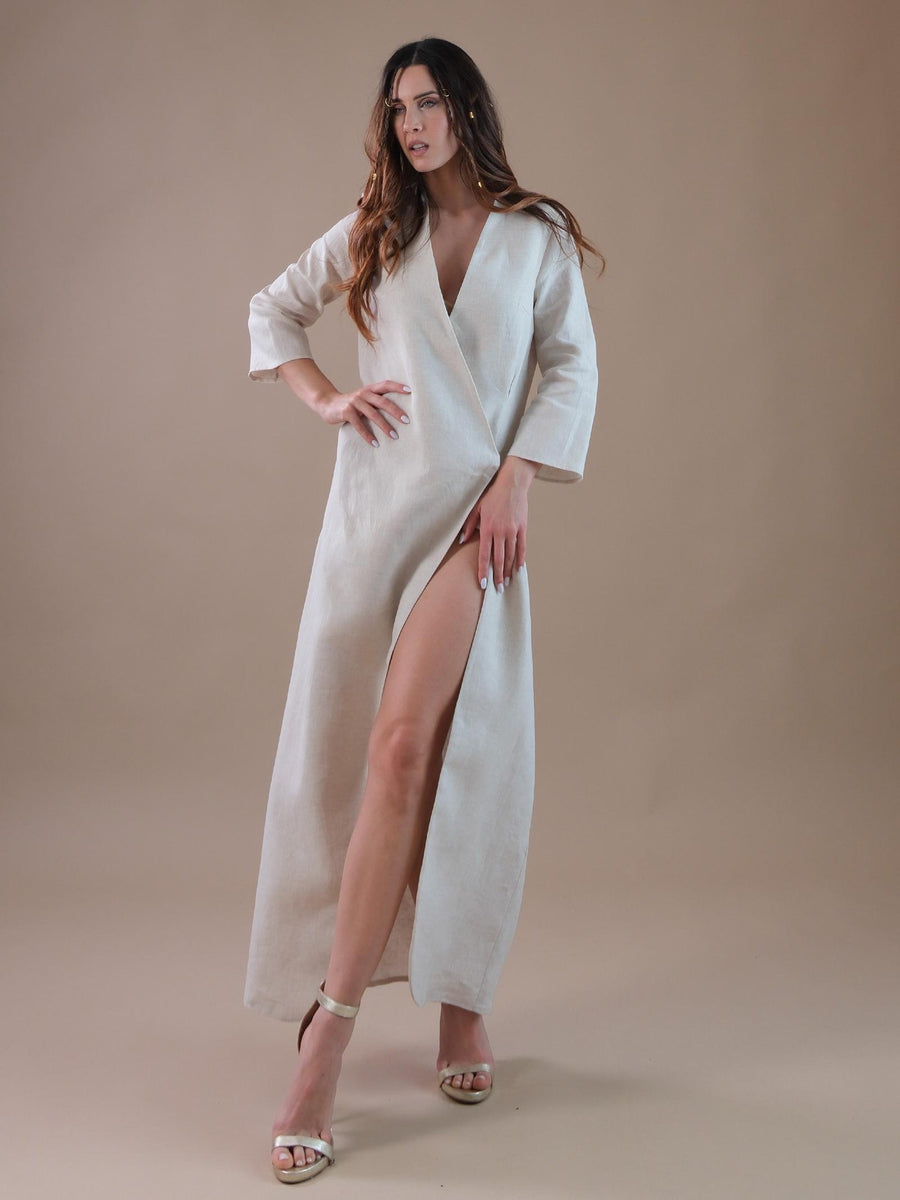 Abito lungo sabbia a portafoglio in lino AB119 SABBIA Bohemian V 