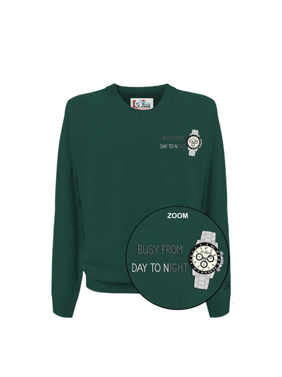 Maglione "11" Saint Barth verde con orologio e scritta "Busy from day to night" HER0024 02815I MC2 SAINT BARTH 