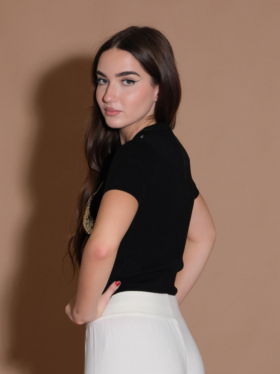 T-shirt a costine con triangoli in pailettes 22237R NERO/ORO Vicolo 