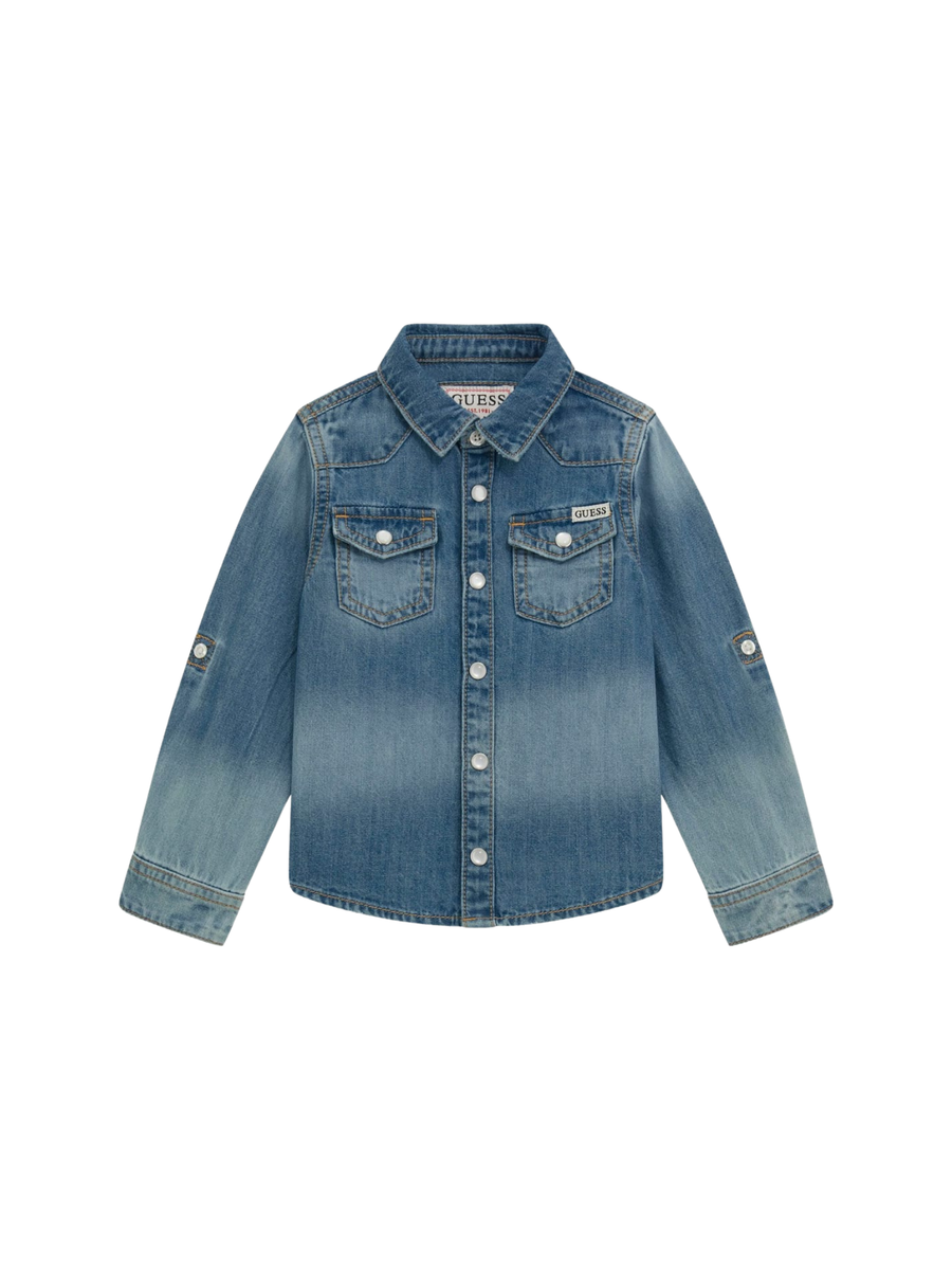 Camicia Guess blu in denim con tasche frontali N5RH05D5K80 ICER Guess 