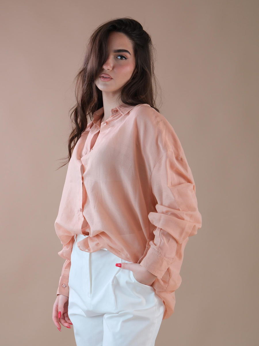 Camicia over rosa pesca velata in misto cotone e seta CA59B OMBRETTO Bohemian V 