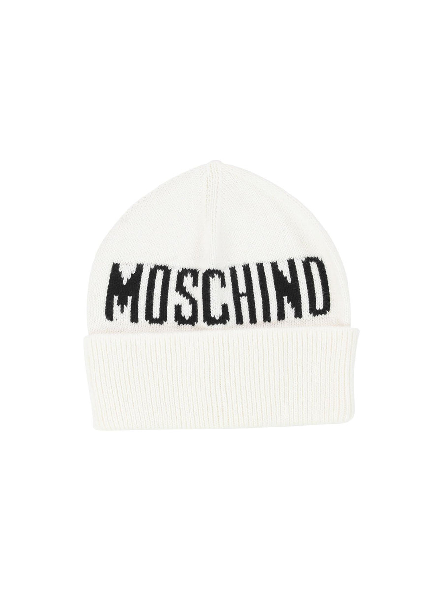 Cappellino panna con logo lettering nero in misto lana HUX02FLHE66 10063 Moschino 