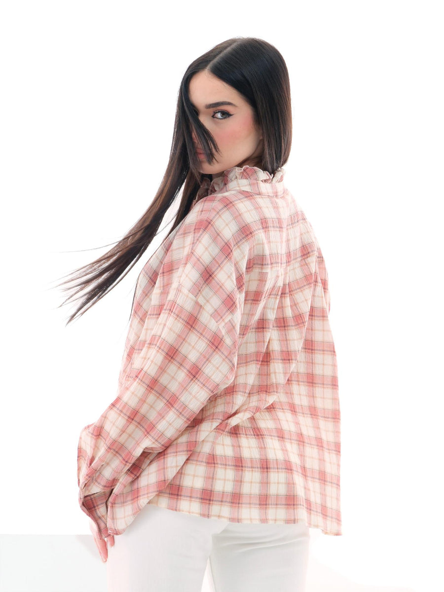 Camicia Vicolo rosa a quadri con dettagli rouches TD0532 BIA/ROSA Vicolo 